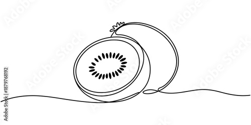 Kiwi fruit whole and a half in continuous line art drawing style, Continuous line drawing of kiwi. Minimalist design for kiwi fruit and refreshment themes. Continuous line drawing of kiwi.