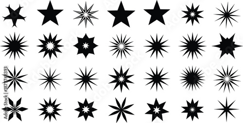 Starburst and star shape icon set with abstract black silhouettes for decoration, design elements, logos, patterns, fireworks style, and graphic illustration use projects branding