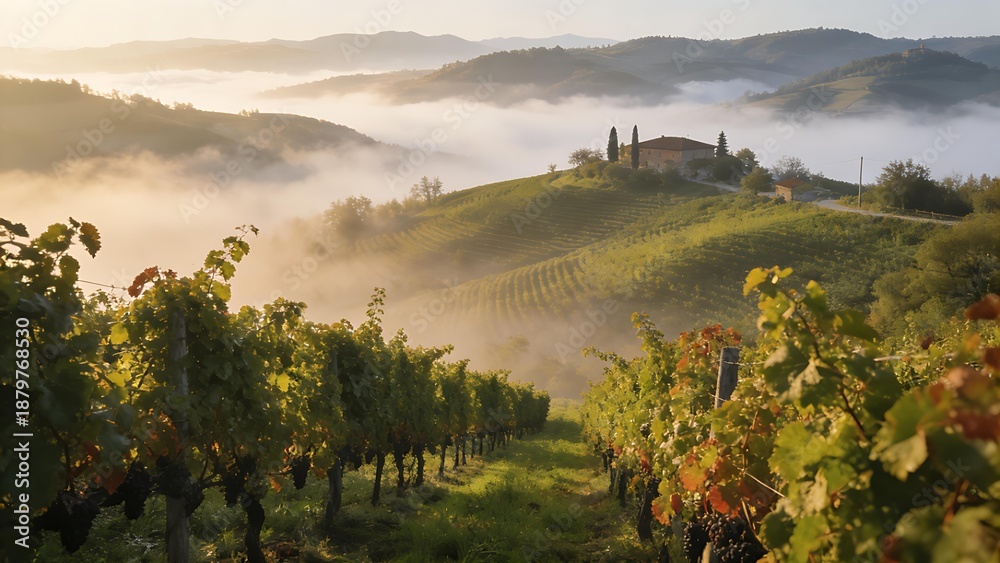 Fototapeta premium passphrase. Nebbiolo grape vineyard on Piedmont hillside with morning fog and rolling hills. travel magazines, destination branding, designed for outdoor magazines and nature guides.