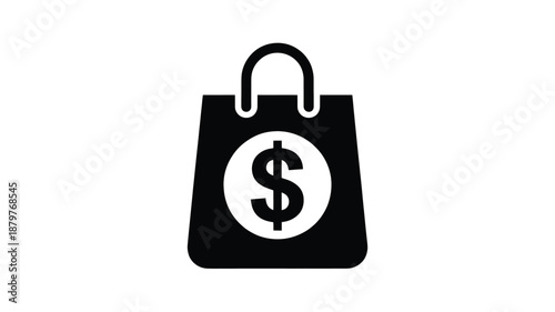 A black shopping bag icon with a prominent dollar sign, symbolizing retail, commerce, and money transactions. Vector