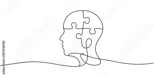 Head with puzzle pieces in one line drawing. Solving psychological challenges and finding balance, Alzheimer s day simple background, web banner, poster with brain and puzzle. One continuous line draw