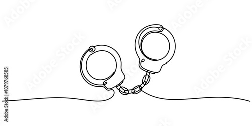 One line continuous drawing design of Handcuffs isolated on white background, Handcuffs in one continuous line drawing. Symbol of police justice and jail prison concept in simple linear style. True.