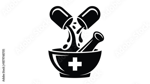 Compounding pharmacy concept with medicine capsule pouring into mortar and pestle Vector