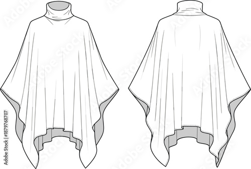 Minimalist poncho cape fashion flat, front and back view, technical clothing illustration, draped outerwear garment, vector line art design template