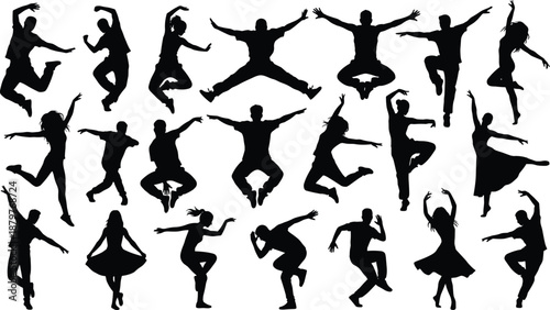 Large collection of energetic dance silhouettes showing people jumping and moving in expressive poses, black vector illustrations isolated on white background for creative design projects