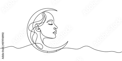 Moon continuous one line drawing in minimalist abstract style, moon with women face, self drawing of single line drawing woman sitting on crescent moon, Full length single.