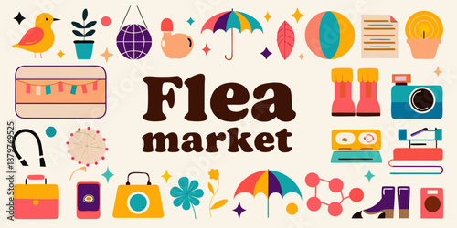 A colorful illustration depicting various items for a flea market sale