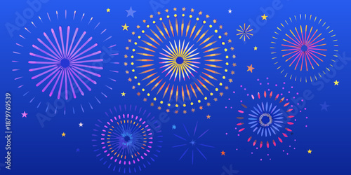 A vibrant display of colorful fireworks against a deep blue night sky