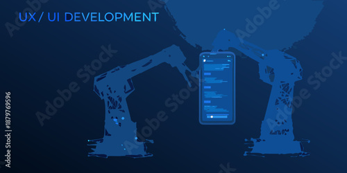 Robotic arms constructing a mobile phone interface ux ui development concept