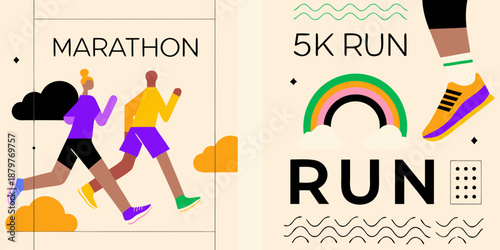 Colorful illustration depicting marathon and 5k run events with running figures
