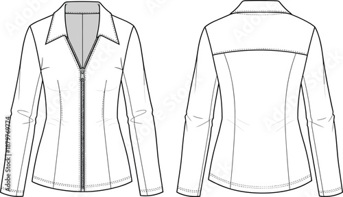 Women fitted jacket fashion flat, front and back view, zipper design, technical apparel illustration, vector line art template for tailoring