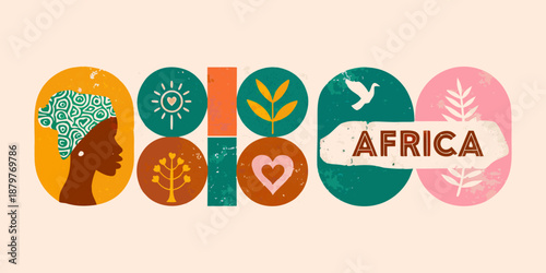 Colorful illustration displaying diverse african elements and the continent s name