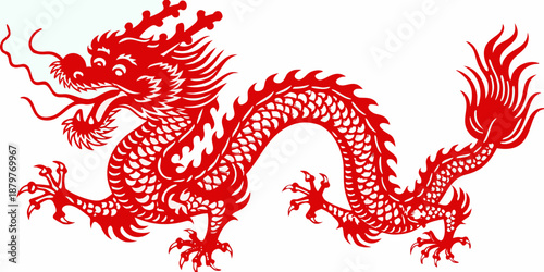 A vibrant red chinese dragon illustration with intricate details and flowing form