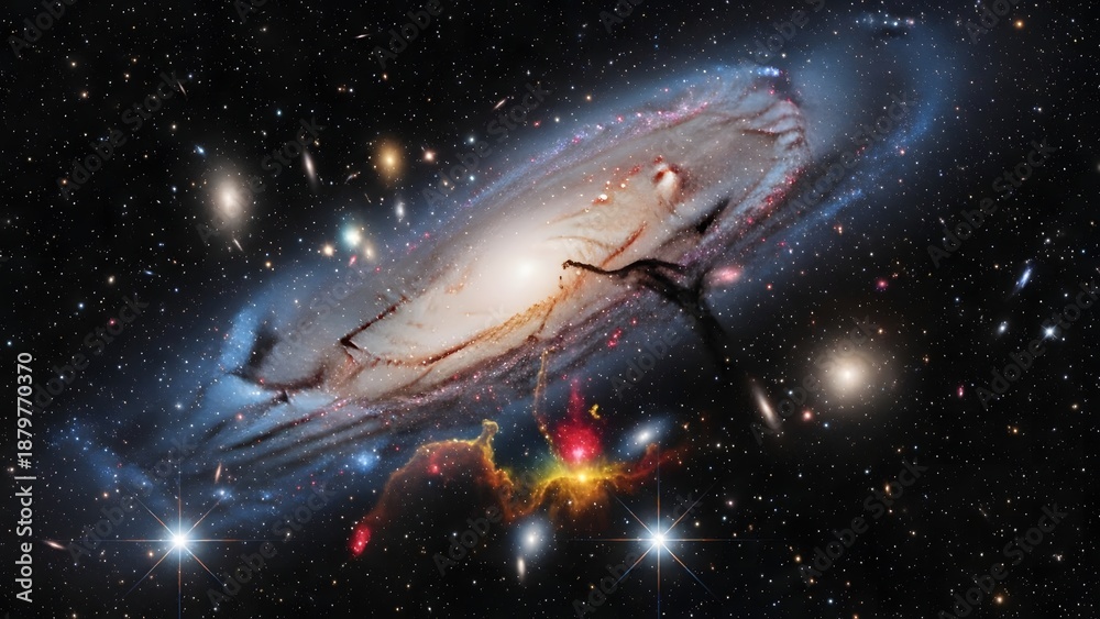 Obraz premium Stunning Spiral Galaxy in Deep Space with Colorful Nebulae and Distant Stars