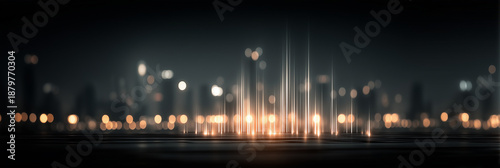 Abstract night city panorama with vertical light rays and golden bokeh. Concept of urban energy, digital data and futuristic skyline on dark background.