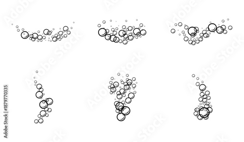 Hand-drawn water bubbles and soap foam outline icons. Doodle sketch vector illustration with fizzy carbonated drink droplets, underwater air spheres, and bath elements.
