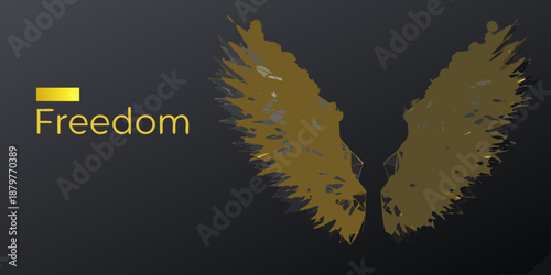 Golden wings and the word freedom against a dark textured background