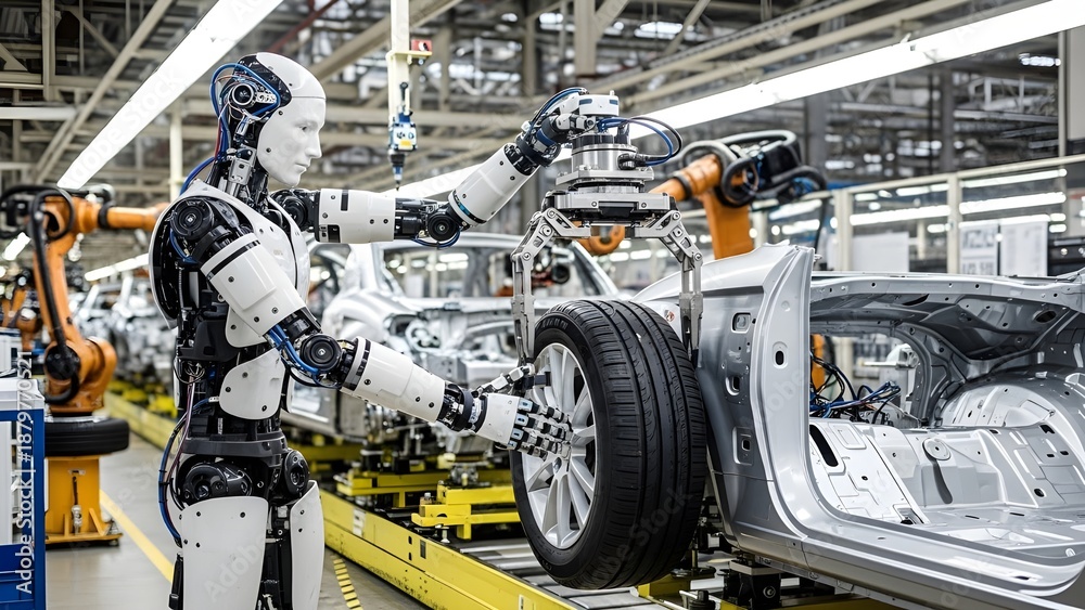 Fototapeta premium 휴머노이드가 자동차를 조립하는 풍경