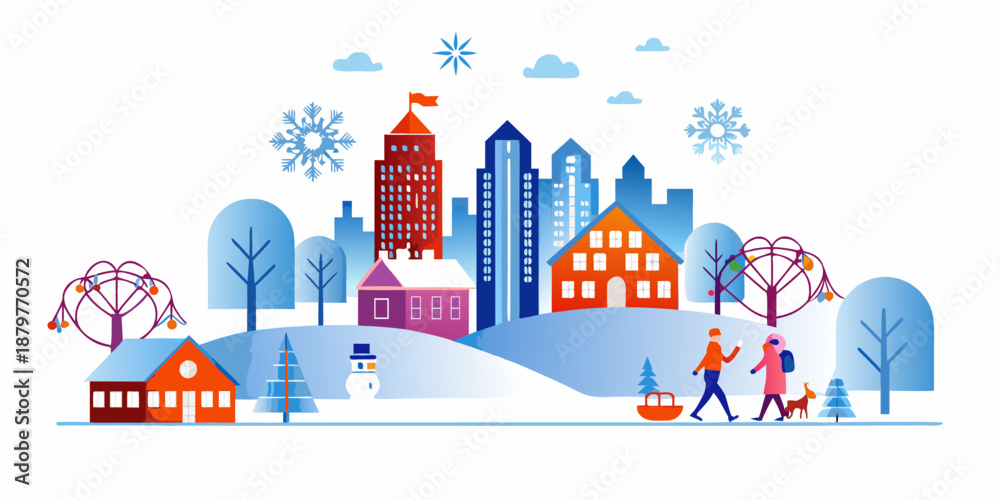 Fototapeta premium A winter cityscape with snow covered buildings and people enjoying the season