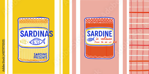 Colorful sardine can illustrations against a backdrop of striped patterns and textures