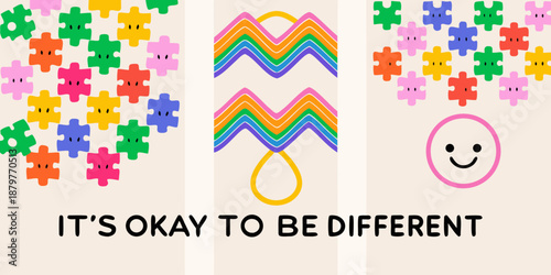 Colorful patterns with smiling faces and a message of acceptance