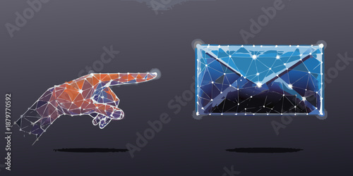 Polygonal illustration of a pointing hand and an envelope on dark background