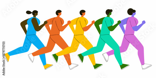 A vibrant illustration depicting five people running in a line each a different color
