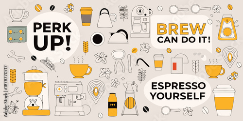 Coffee themed doodles and inspirational quotes on a light yellow background