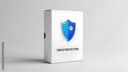 Minimalist White Box Design for Virus Protection Software or Medical Product with Blue Shield Icon and Virus Symbol