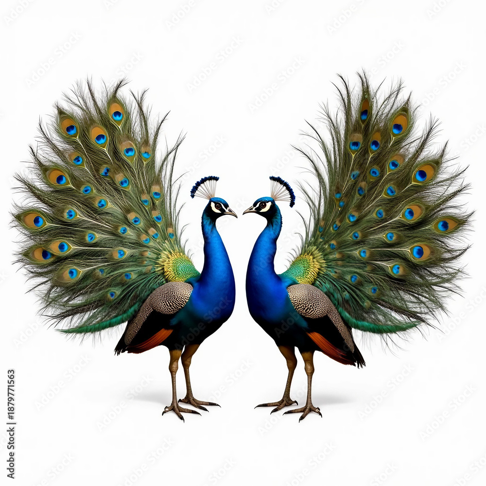 Fototapeta premium Pair of Majestic Male Peacocks Displaying Plumage