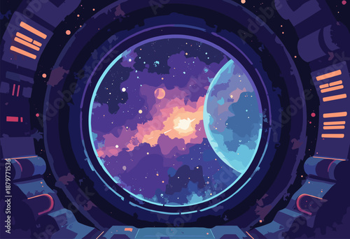 view from spaceship porthole looking nebula Interstellar Travel Flat illustration