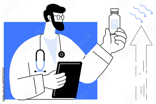 Healthcare, vaccination, medical services, telemedicine, scientific research, diagnostics. Doctor holding a vaccine vial and tablet against blue background. Healthcare and vaccination emphasis