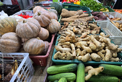 Pumpkins, Ginger, Cucumbers, and Root Vegetables at Local Wet Market
