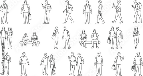 Collection of minimalist outline vector illustrations featuring diverse people walking, standing, sitting on benches, and carrying bags for architectural drawings and urban lifestyle scenes.