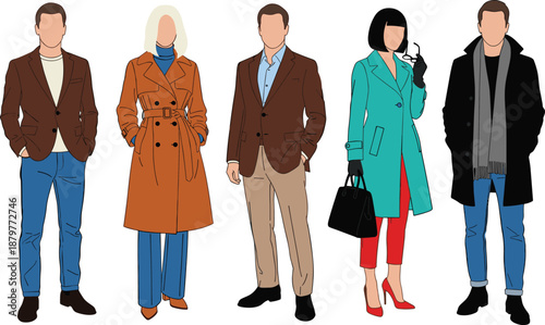 Group of stylish men and women wearing modern seasonal fashion including trench coats, blazers, and smart casual outfits for professional business or autumn street style.