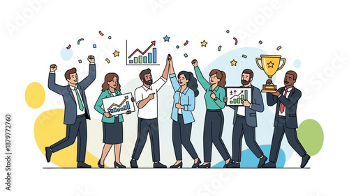 Happy diverse business team celebrating success with charts and trophy.