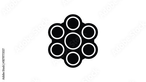 Black icon of a revolver cylinder with six bullet chambers and a central hole Vector