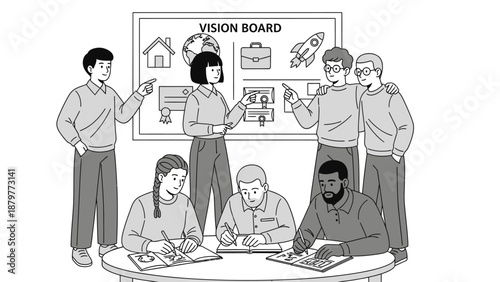 Team collaborating on a vision board with creative ideas and planning.