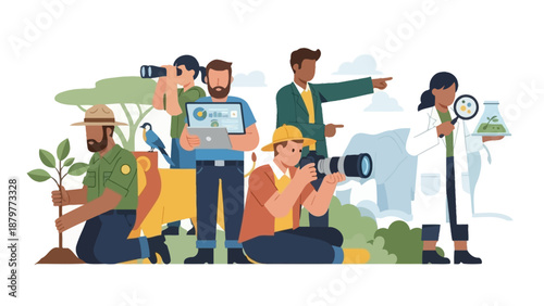 Diverse group of professionals collaborating outdoors with technology and scientific research.