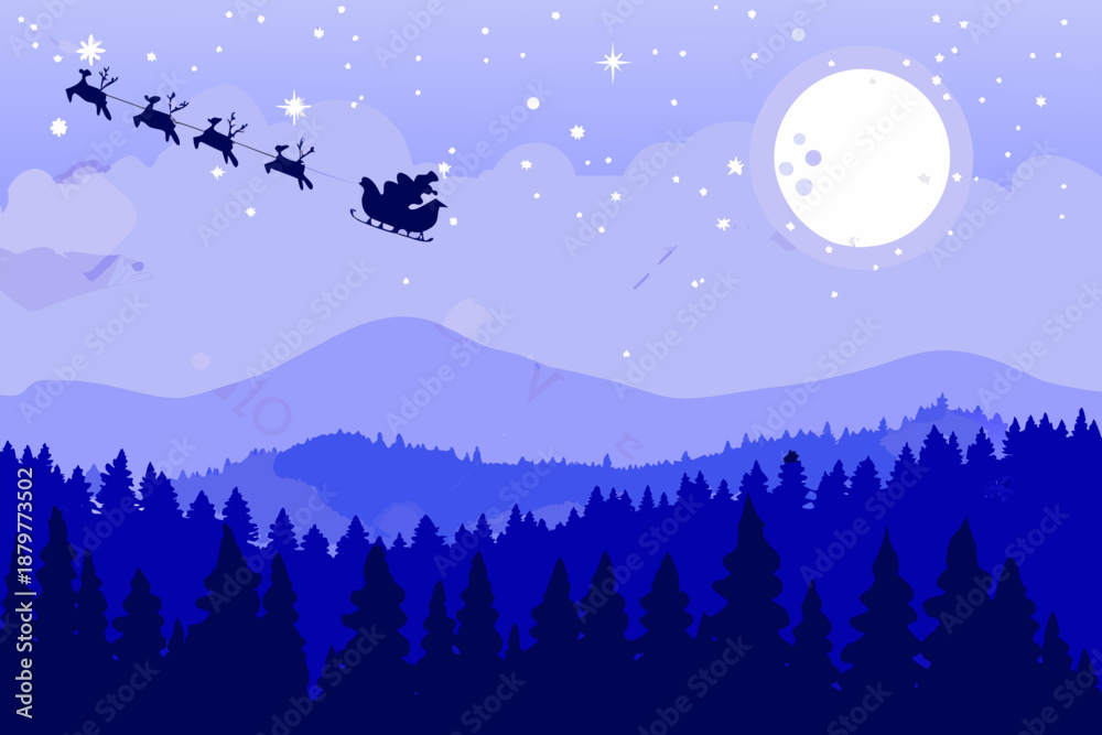 Fototapeta premium Santa s sleigh flies across a winter night sky with a full moon