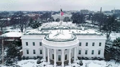 Aerial Top-down of White House, Washington DC. cover by snow in winter