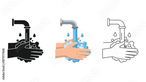 Collection of three distinct style icons illustrating the vital process of washing hands under running water
