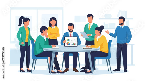 Team of diverse professionals collaborating on a project in a modern office environment.