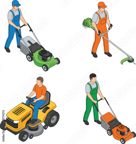 Set of Isometric Gardeners Using Professional Lawn Mowers and Grass TrimmersSet of Isometric Gardeners Using Professional Lawn Mowers and Grass TrimmersSet of Isometric Gardeners Using Professional La