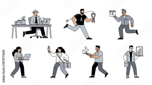 Business professionals multitasking with technology and communication devices in office environment.