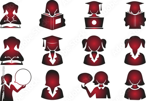 Collection of stylized silhouette icons representing individuals engaged in learning, education, communication, and professional activities, suitable for educational or business-related graphics