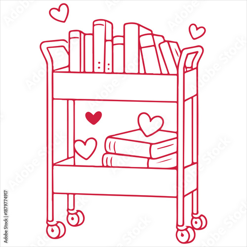 Love Book Cart Illustration, Hand Drawn Valentine Book Clipart, Cute Book Lover design, Romantic Hand-Drawn bookish Graphic