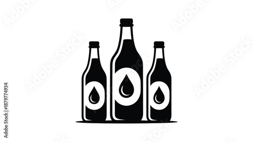 Collection of three minimalist black bottles with water drop labels on a white background Vector