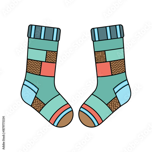 Pair of colorful socks with geometric patterns displayed against a plain background viewed from the front
