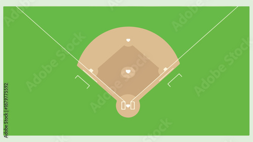 Overhead view of a baseball field with bases and a pitcher's mound on a green grassy surface.